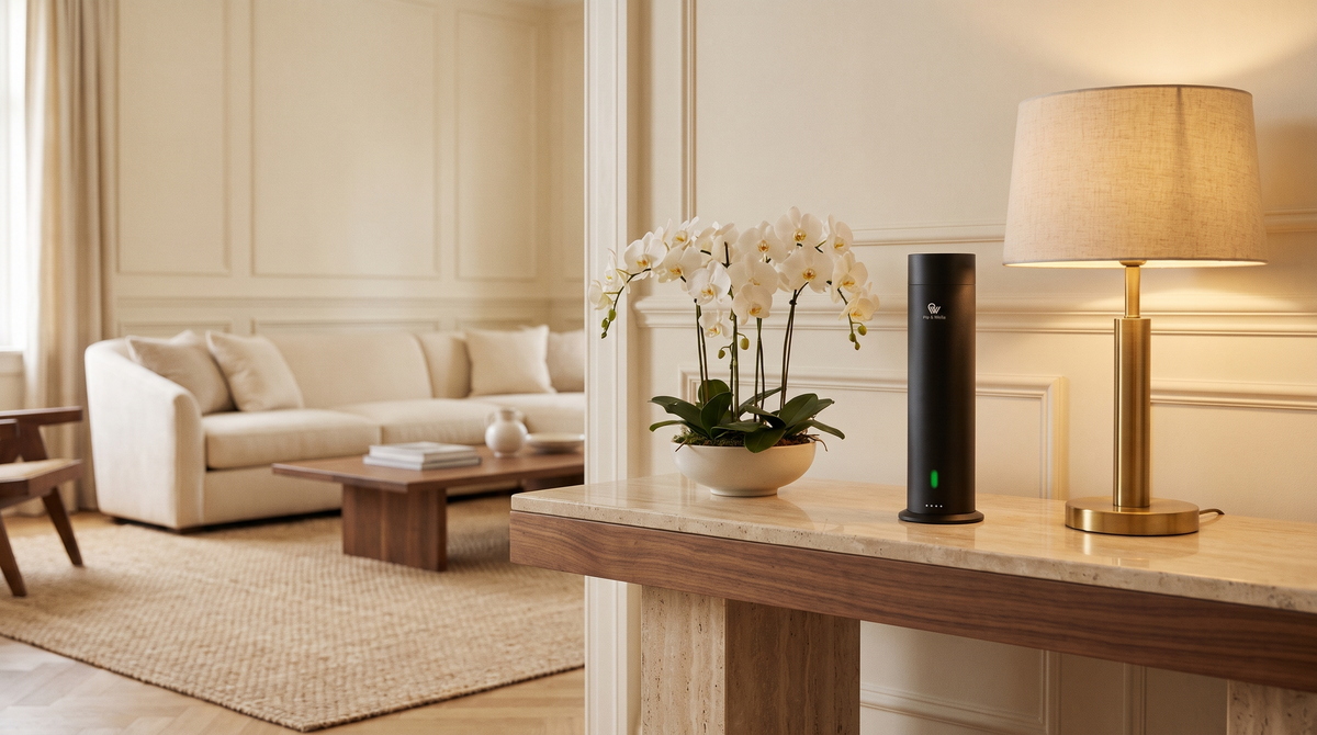 Dyfuzor Pure One w wykończeniu Matte Black na marmurowej konsoli z białymi orchideami i mosiężną lampą w salonie w stylu hotelowym