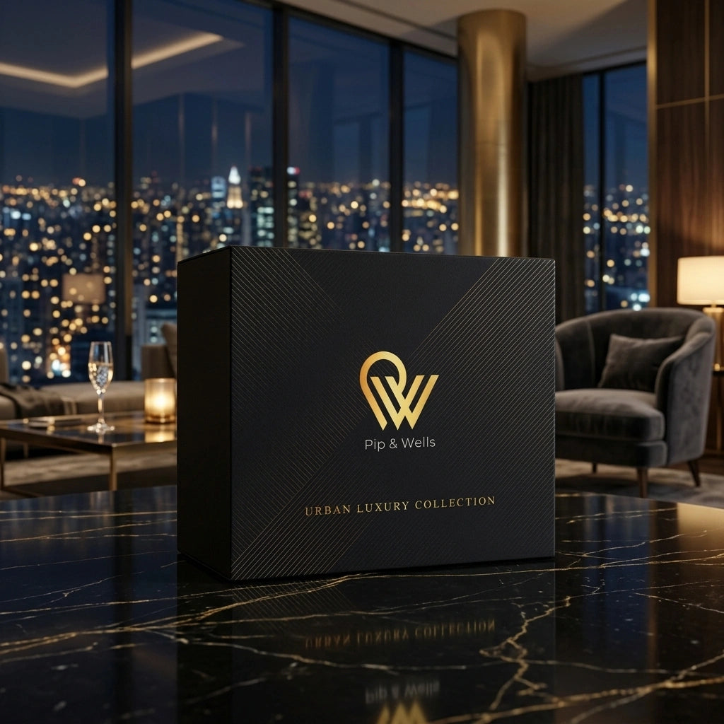 Pudełko upominkowe kolekcji Urban Luxury Pip & Wells w miejskim apartamencie