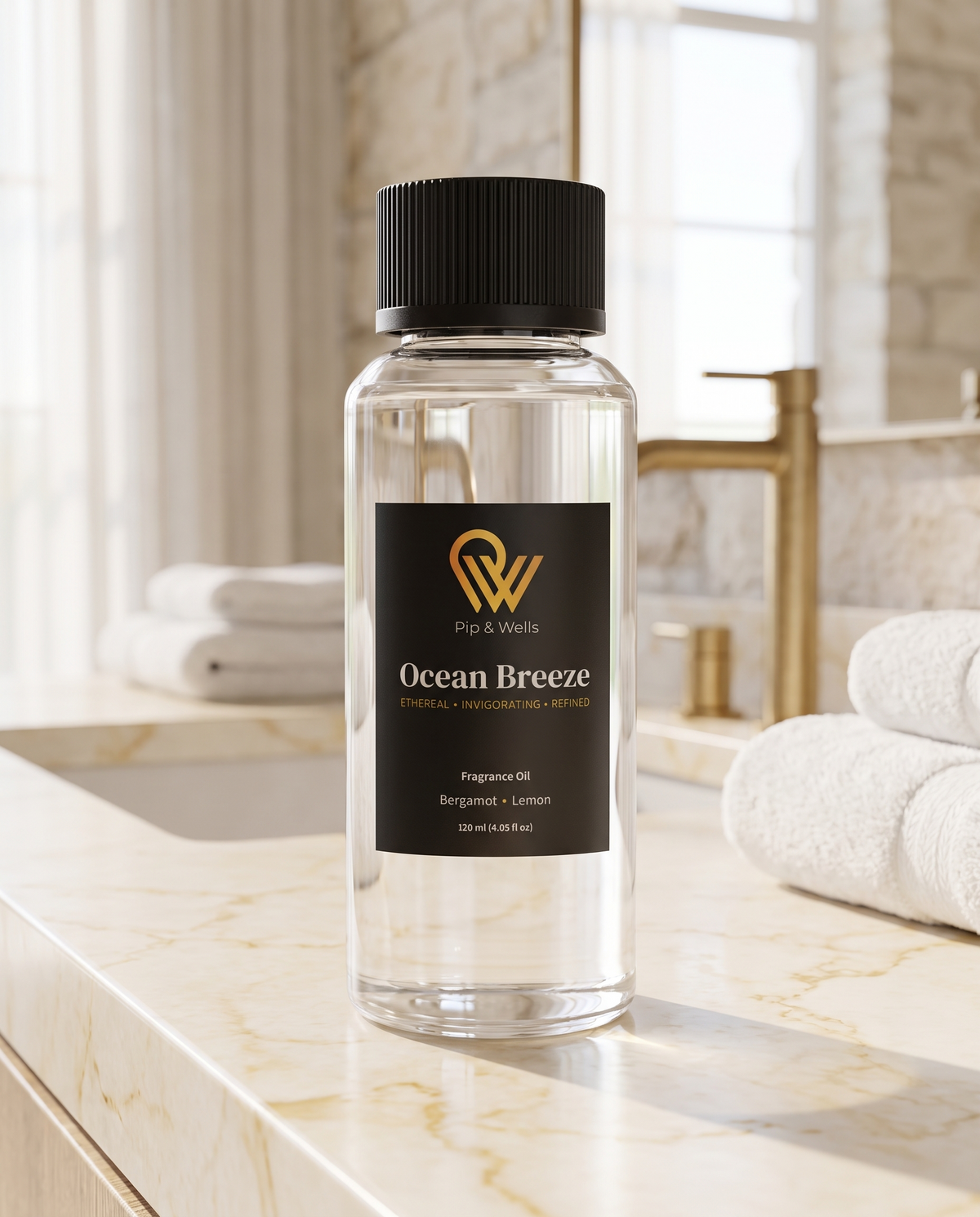 Olejek zapachowy Pip & Wells Ocean Breeze, 120 ml, na marmurowym blacie w łazience w stylu hotelowym