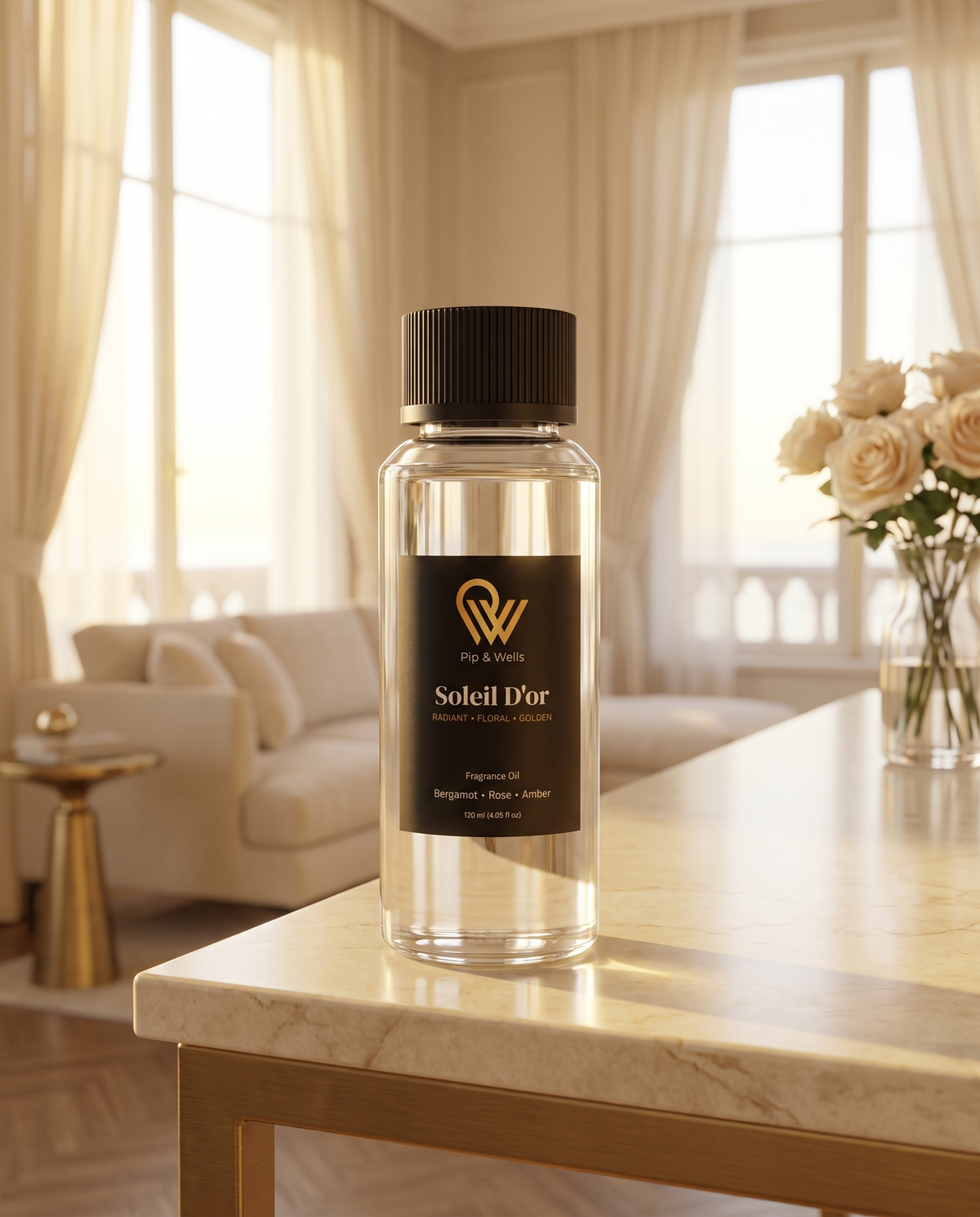 Olejek zapachowy Pip & Wells Soleil D'or, 120 ml, na marmurowej konsoli w nasłonecznionym salonie apartamentu hotelowego