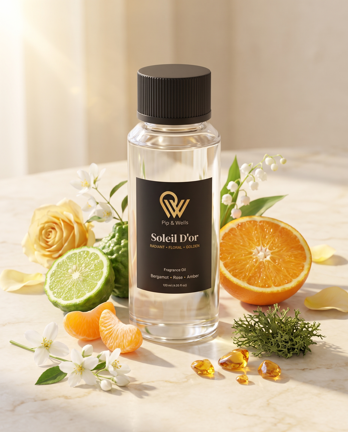 Olejek zapachowy Pip & Wells Soleil D'or, 120 ml, z nutami bergamotki, mandarynki, pomarańczy, róży, jaśminu, konwalii, mchu dębowego i ambry