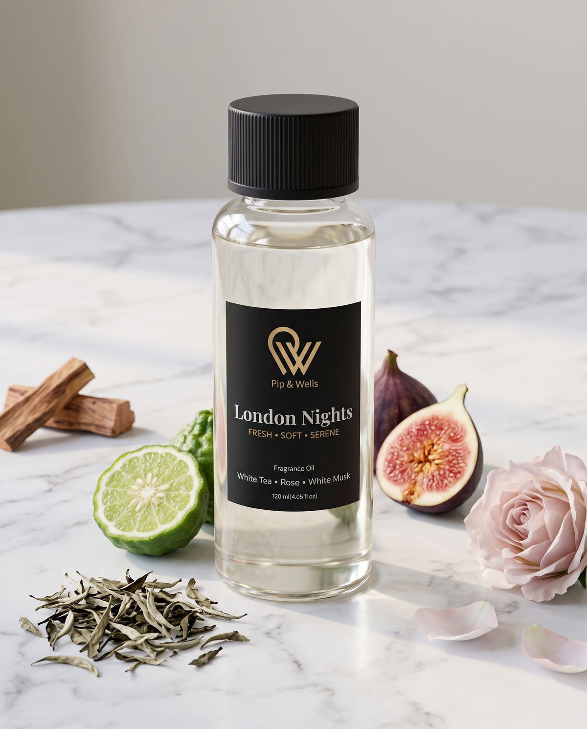 Olejek zapachowy Pip & Wells London Nights, 120 ml, z nutami białej herbaty, bergamotki, figi, róży i drewna cedrowego