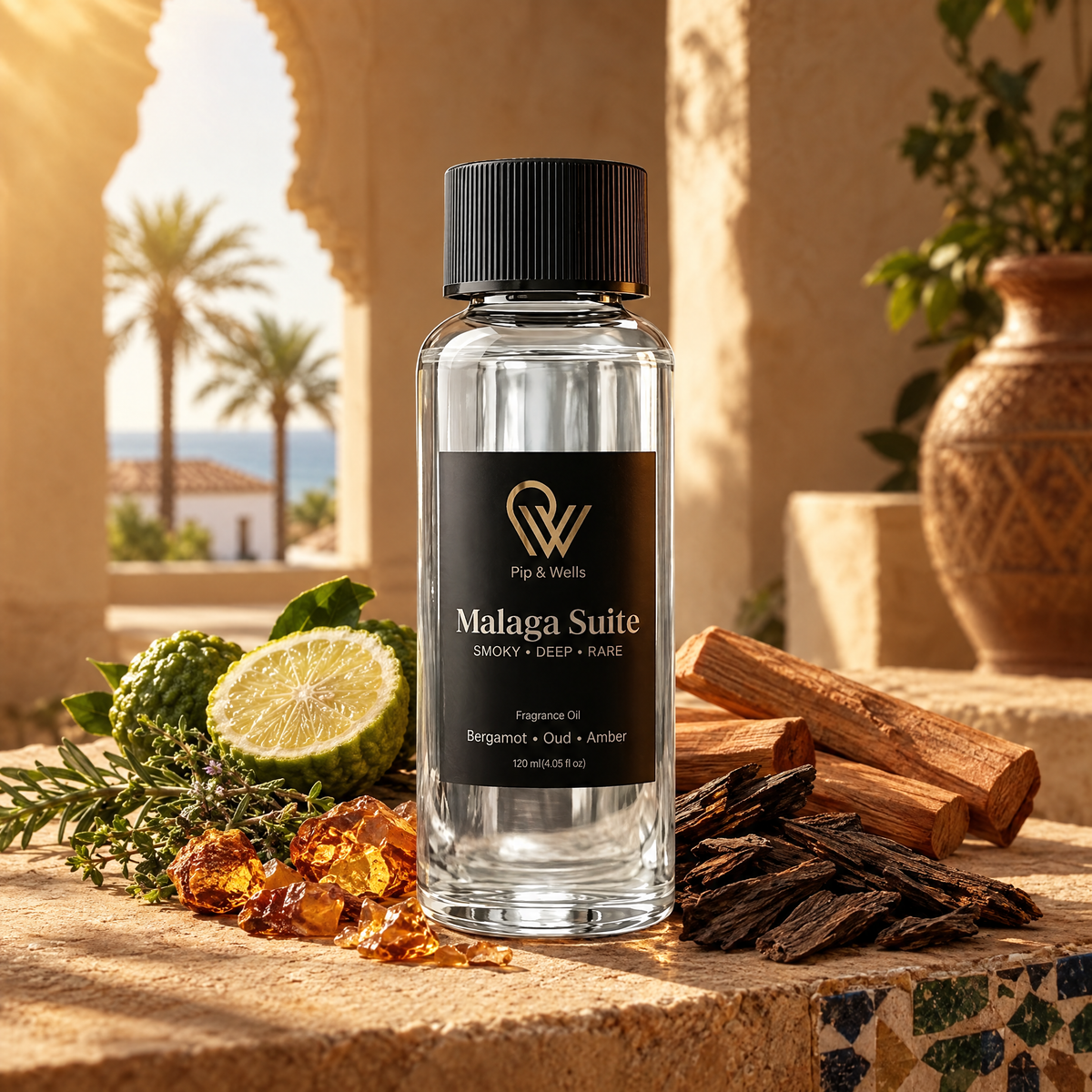 Olejek zapachowy Pip & Wells Malaga Suite, 120 ml, ze składnikami zapachowymi: drewnem oud, żywicą bursztynową, bergamotką, drzewem sandałowym i aromatycznymi ziołami