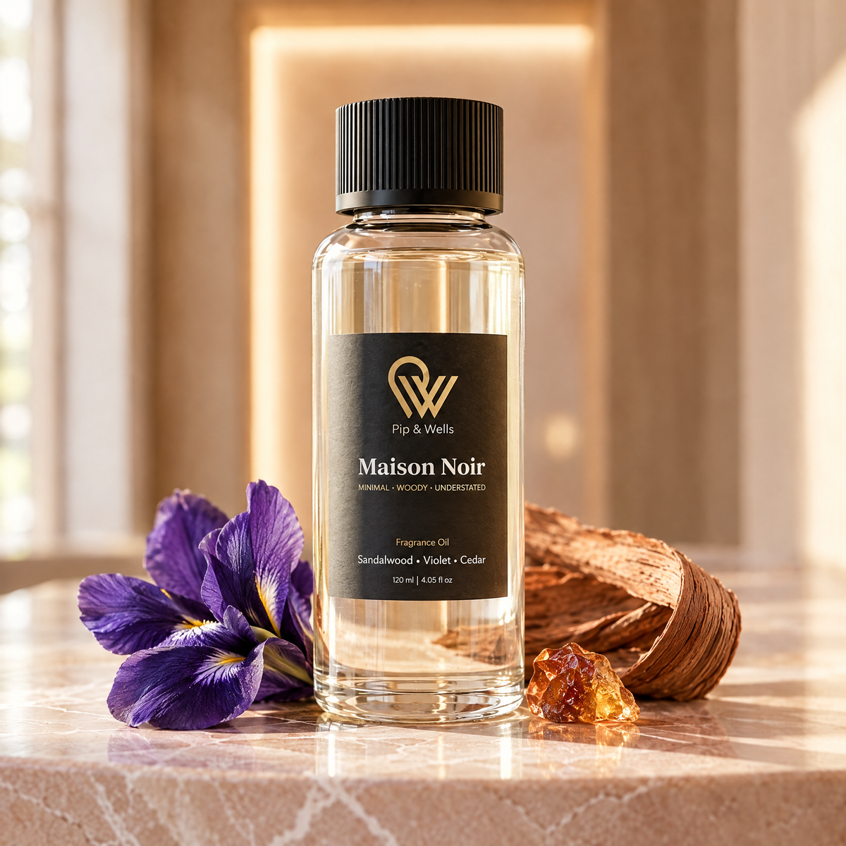 Zbliżenie olejku zapachowego Pip & Wells Maison Noir, 120 ml, z irysem, drewnem cedrowym i żywicą bursztynową