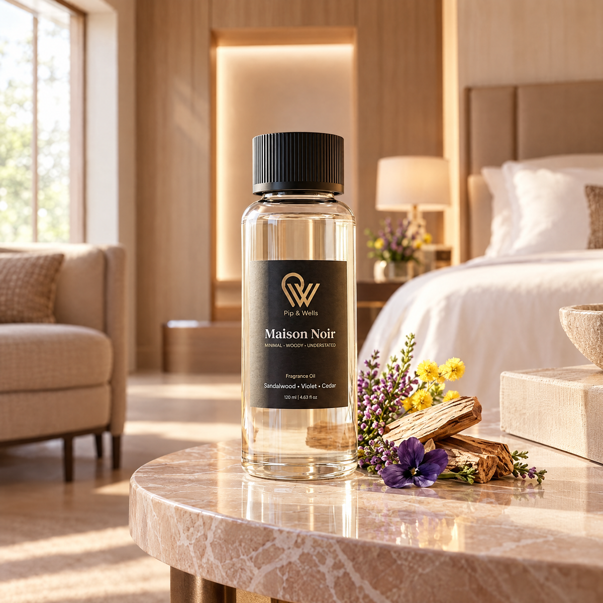 Olejek zapachowy Pip & Wells Maison Noir, 120 ml, na stoliku bocznym w łagodnie oświetlonym apartamencie hotelowym