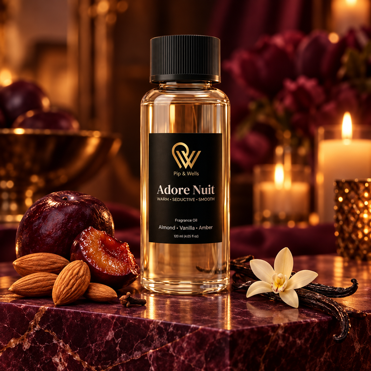 Olejek zapachowy Pip & Wells Adore Nuit, 120 ml, w ciepłym wnętrzu oświetlonym świecami, ze śliwką, migdałami, goździkami i wanilią