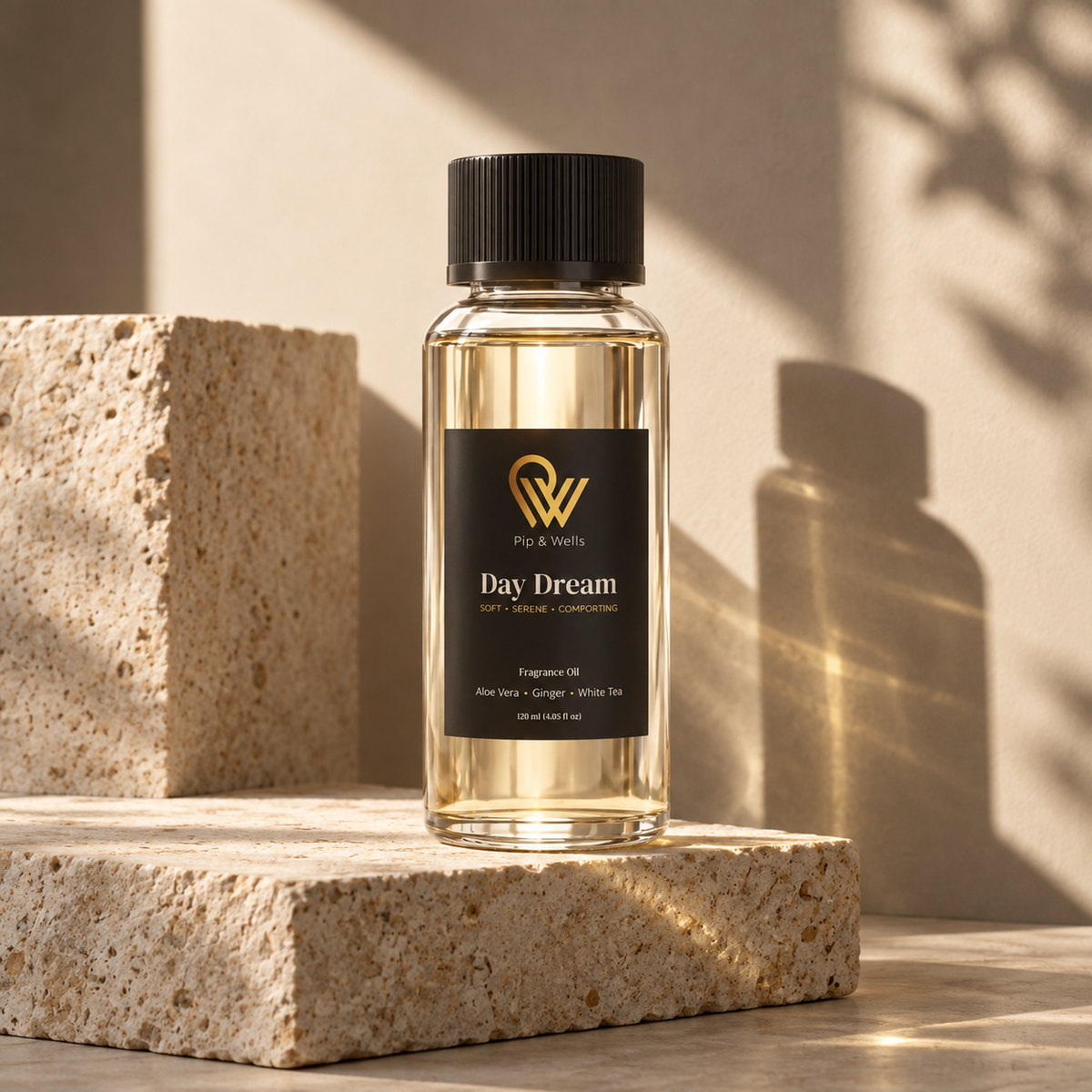 Butelka olejku zapachowego Pip & Wells Day Dream o pojemności 120 ml na rzeźbiarskich blokach kamiennych w ciepłym świetle słonecznym