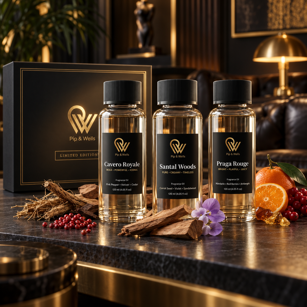 Zestaw prezentowy olejków zapachowych Pip & Wells Limited Edition z trzema butelkami po 120 ml i czarnym pudełkiem prezentowym na ciemnym marmurze