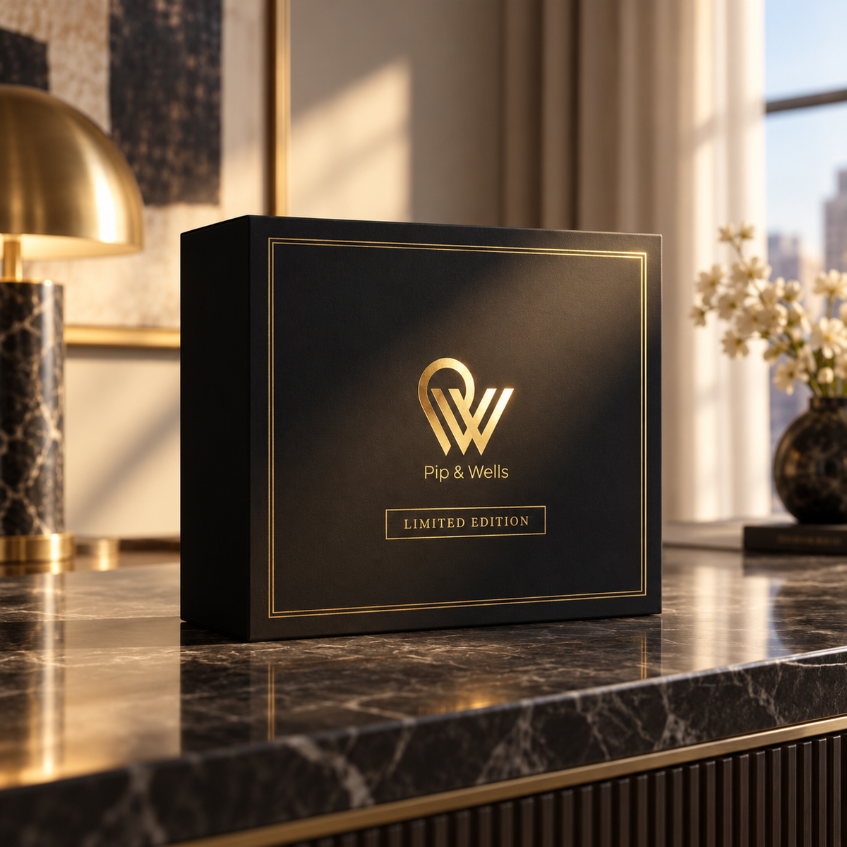 Czarne pudełko prezentowe Pip & Wells Limited Edition na marmurowej konsoli w pokoju w stylu hotelowym