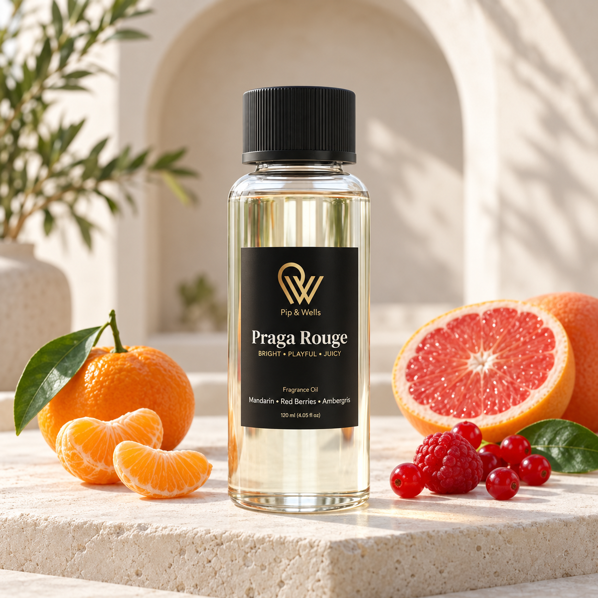 Olejek zapachowy Pip & Wells Praga Rouge, 120 ml, z nutami mandarynki, grejpfruta i czerwonych owoców jagodowych