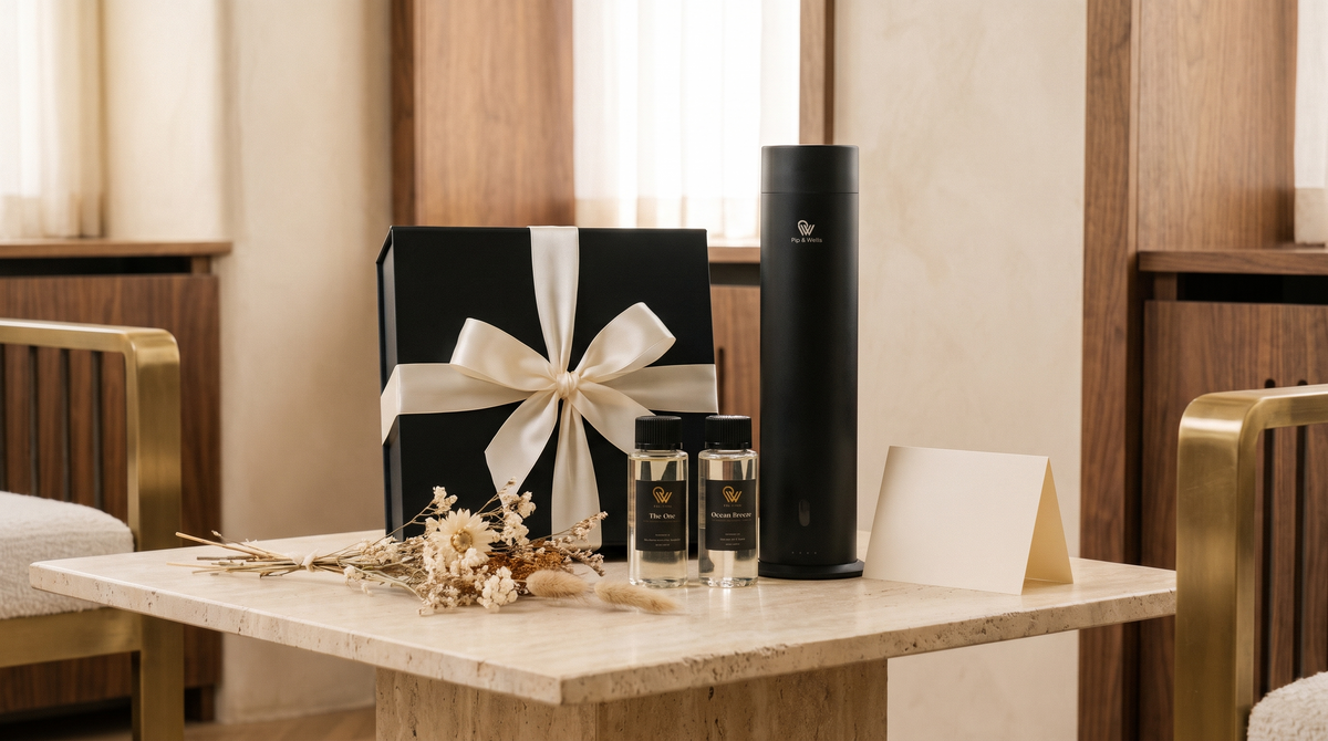 Pip & Wells gift box with ivory ribbon, Pure One diffuser, fragrance oils and a blank gift card
