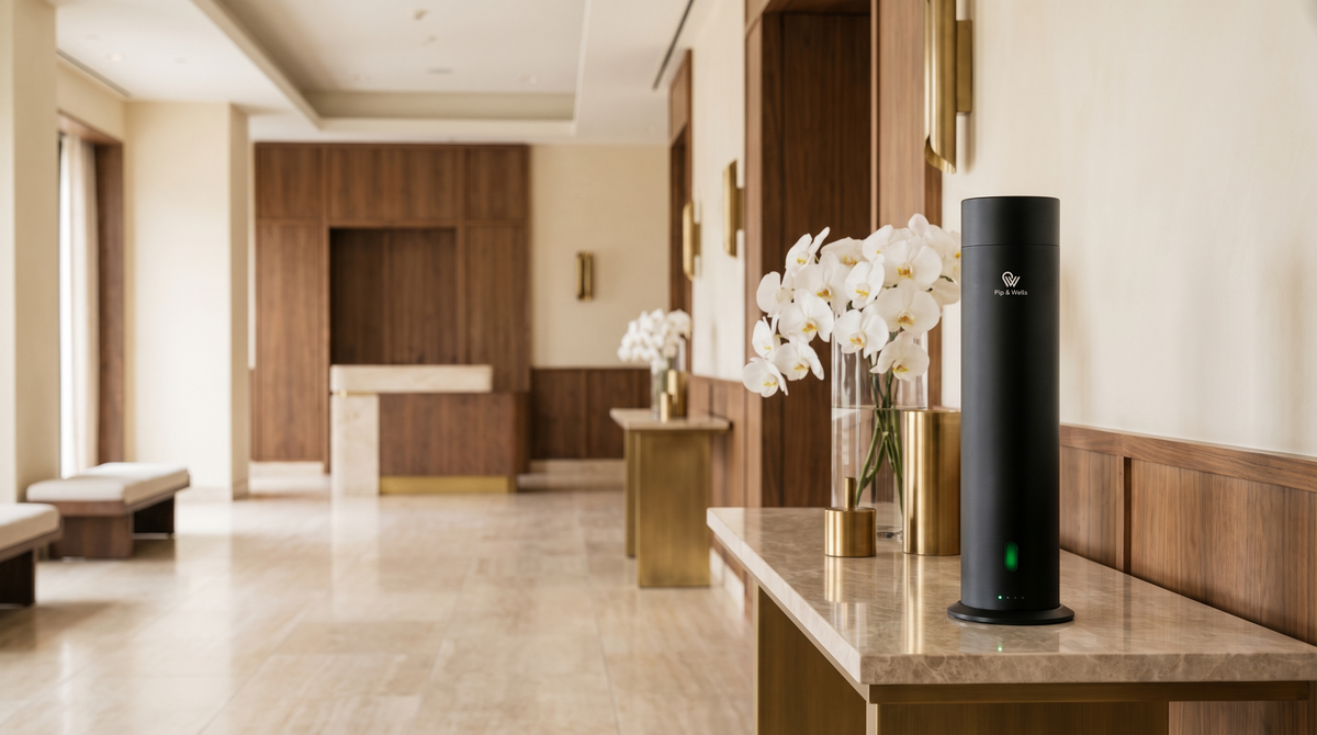 Dyfuzor Pure One w wykończeniu Matte Black z białymi orchideami na marmurowej konsoli w holu luksusowego hotelu