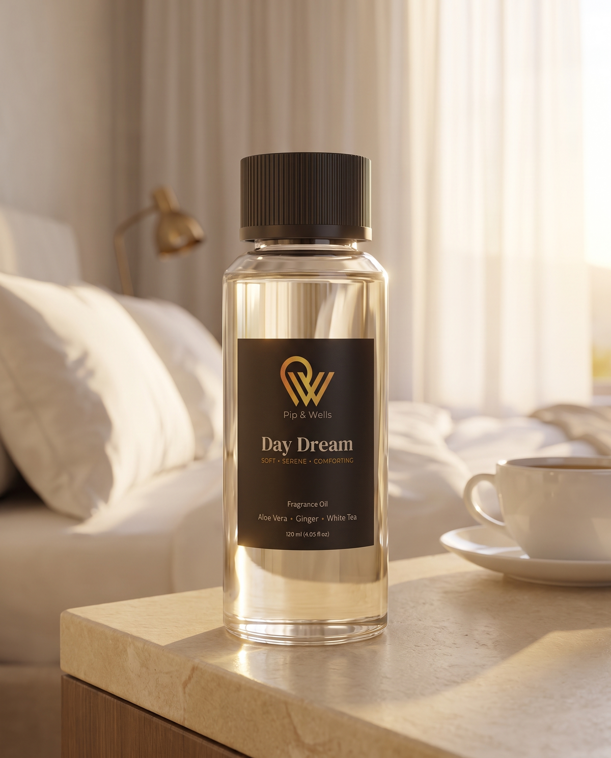 Olejek zapachowy Pip & Wells Day Dream, 120 ml, z zestawu Essence of Luxury na stoliku nocnym w sypialni w stylu hotelowym