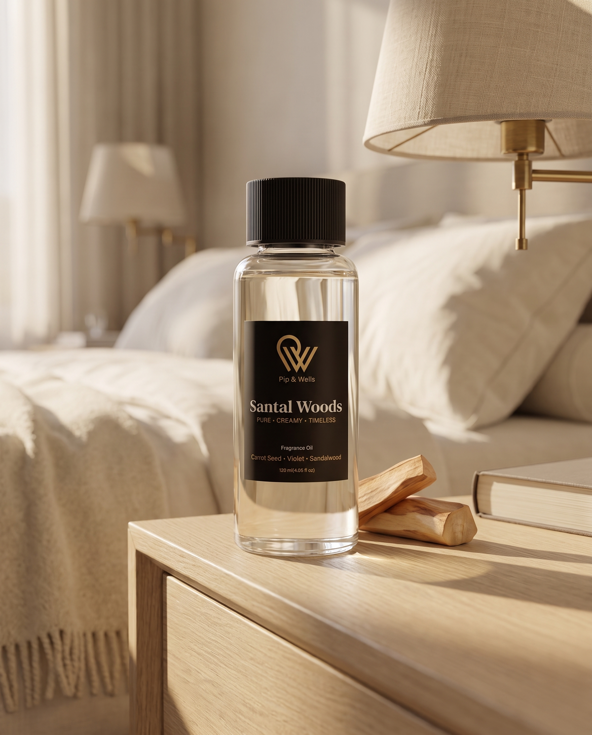 Olejek zapachowy Pip & Wells Santal Woods, 120 ml, na dębowym stoliku nocnym w spokojnej sypialni hotelowej
