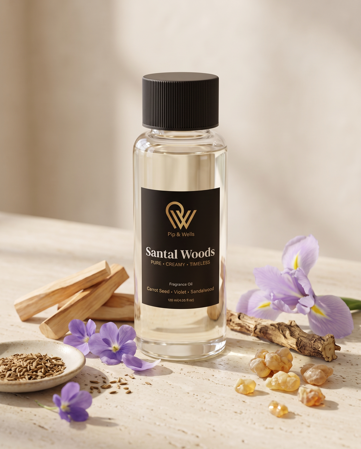 Olejek zapachowy Pip & Wells Santal Woods, 120 ml, z nutami drzewa sandałowego, nasion marchwi, fiołka, irysa i żywicy benzoesowej