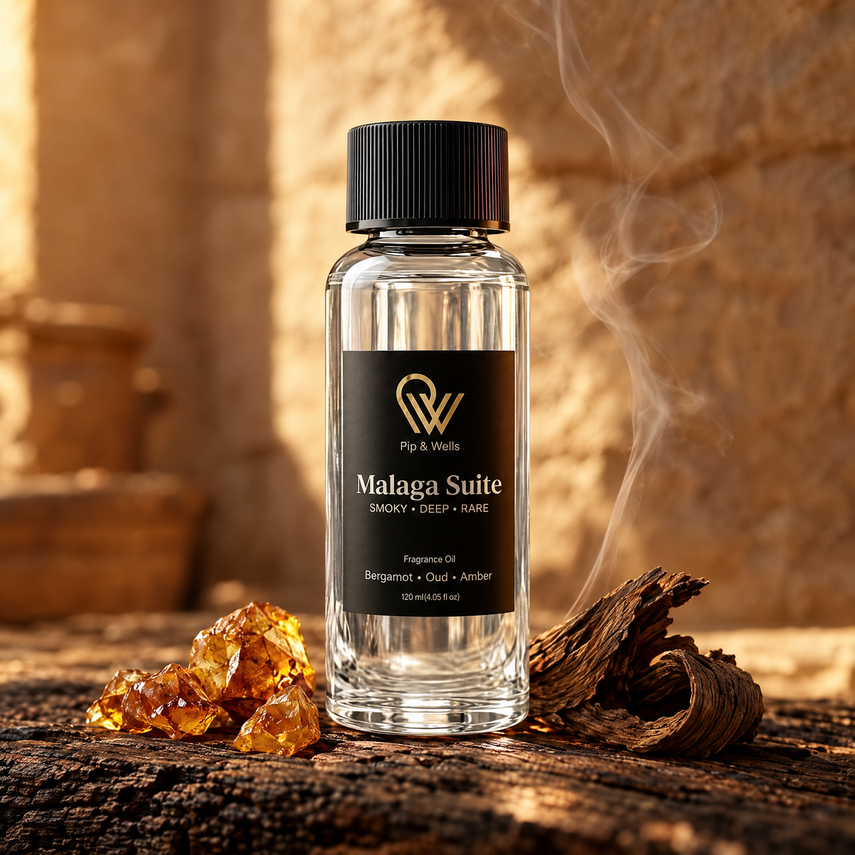 Zbliżenie olejku zapachowego Pip & Wells Malaga Suite, 120 ml, z żywicą bursztynową i drewnem oud w ciepłym wieczornym świetle