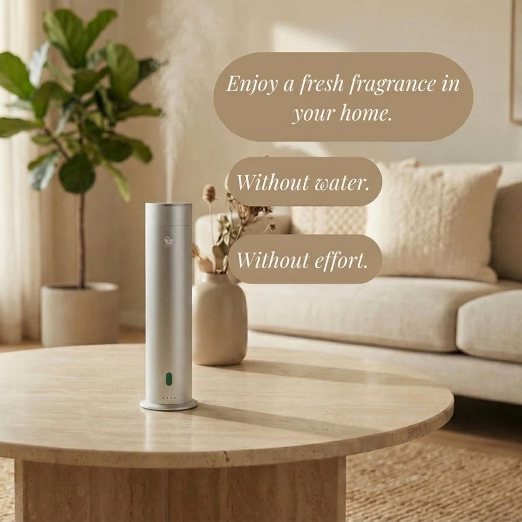 Matowy srebrny bezwodny dyfuzor aromatu Pip & Wells Pure One na stoliku kawowym w salonie