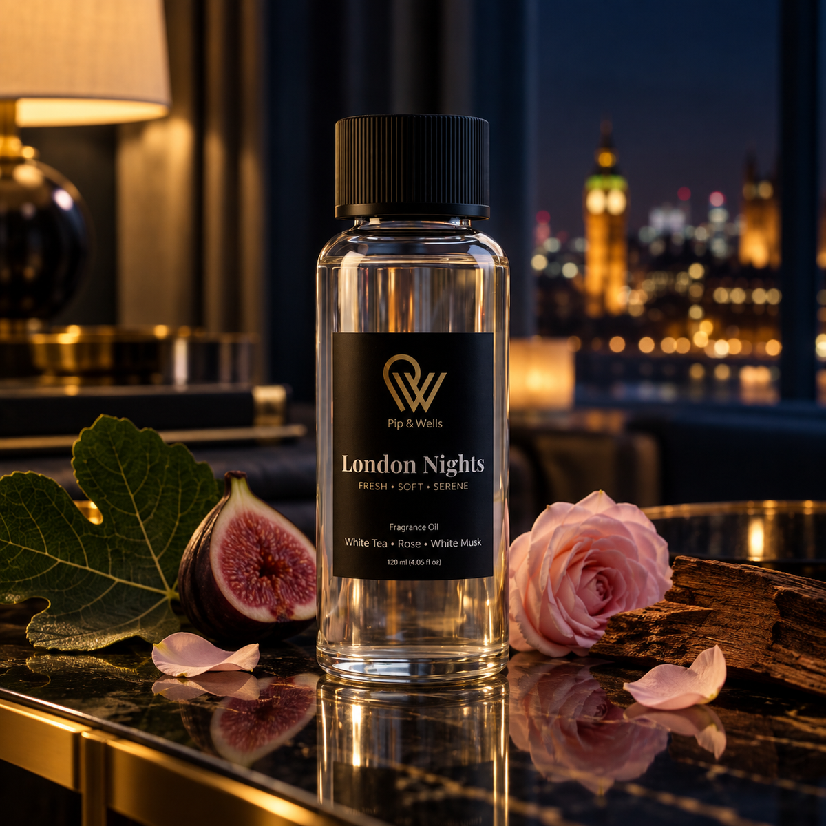 Olejek zapachowy Pip & Wells London Nights, 120 ml, w pokoju hotelowym nocą z figą, różą i drewnem cedrowym