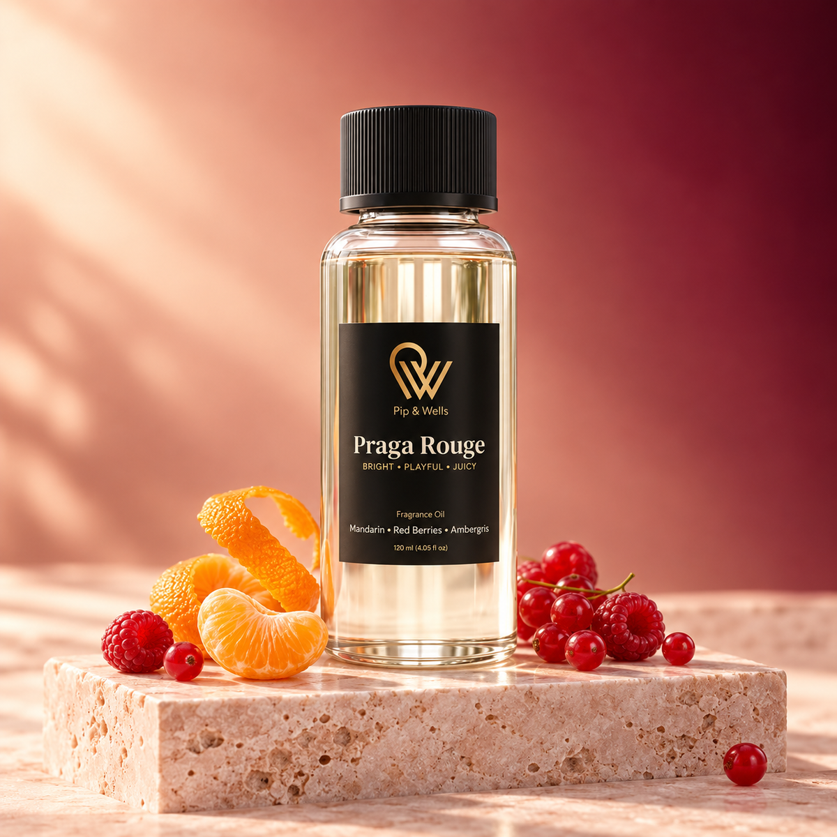 Olejek zapachowy Pip & Wells Praga Rouge, 120 ml, na kamiennym cokole z mandarynką i czerwonymi owocami jagodowymi na ciepłym czerwonym tle