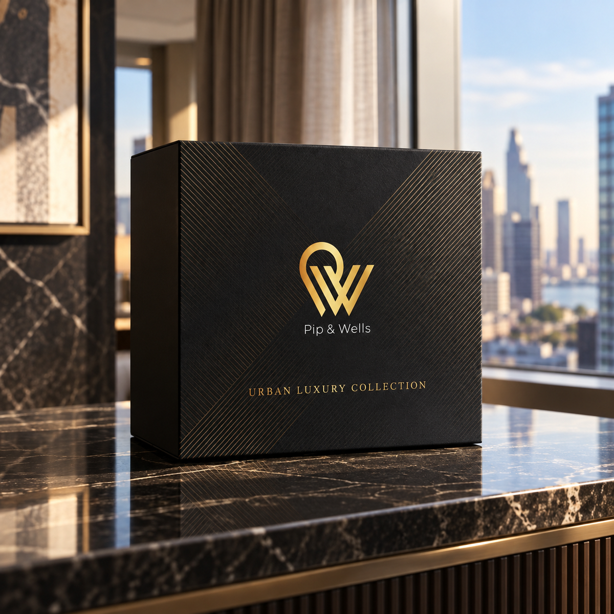 Czarne pudełko prezentowe Pip & Wells Urban Luxury Collection na marmurowej konsoli z widokiem na miasto